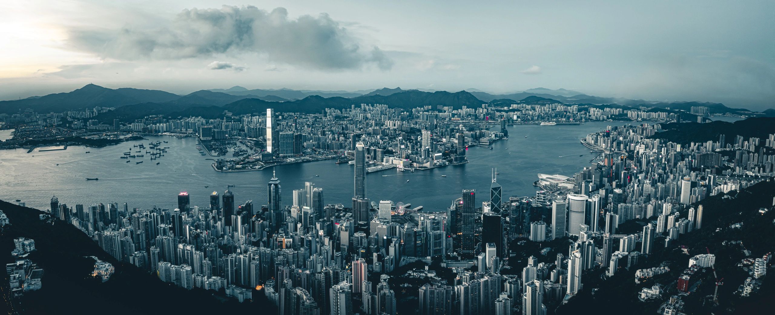 Hong Kong Victoria Harbour skyline at dusk